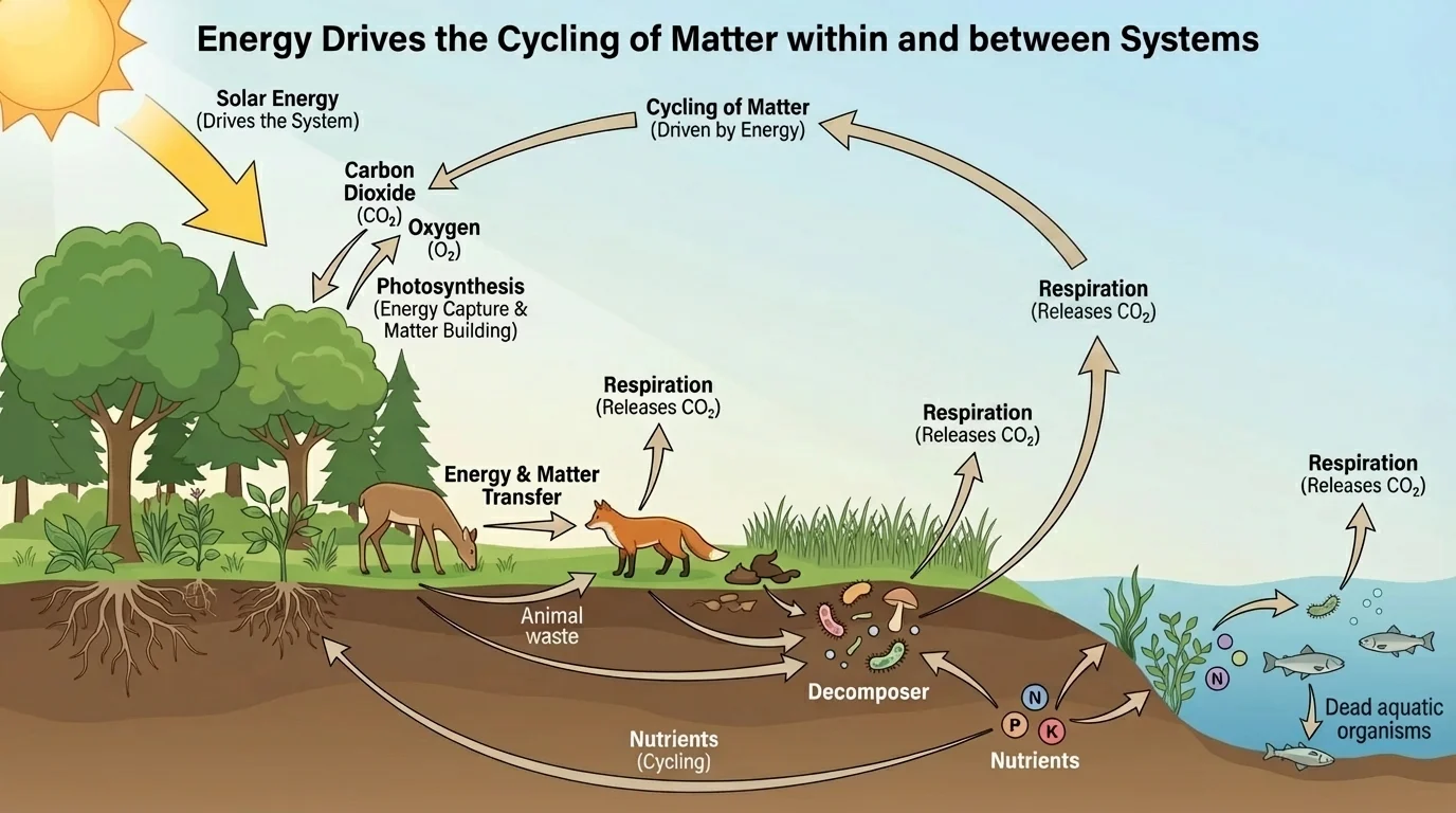 Diagram of an ecosystem showing carbon dioxide moving into plants, animals eating plants, decomposers returning matter to soil and atmosphere, and nutrients cycling through soil and water