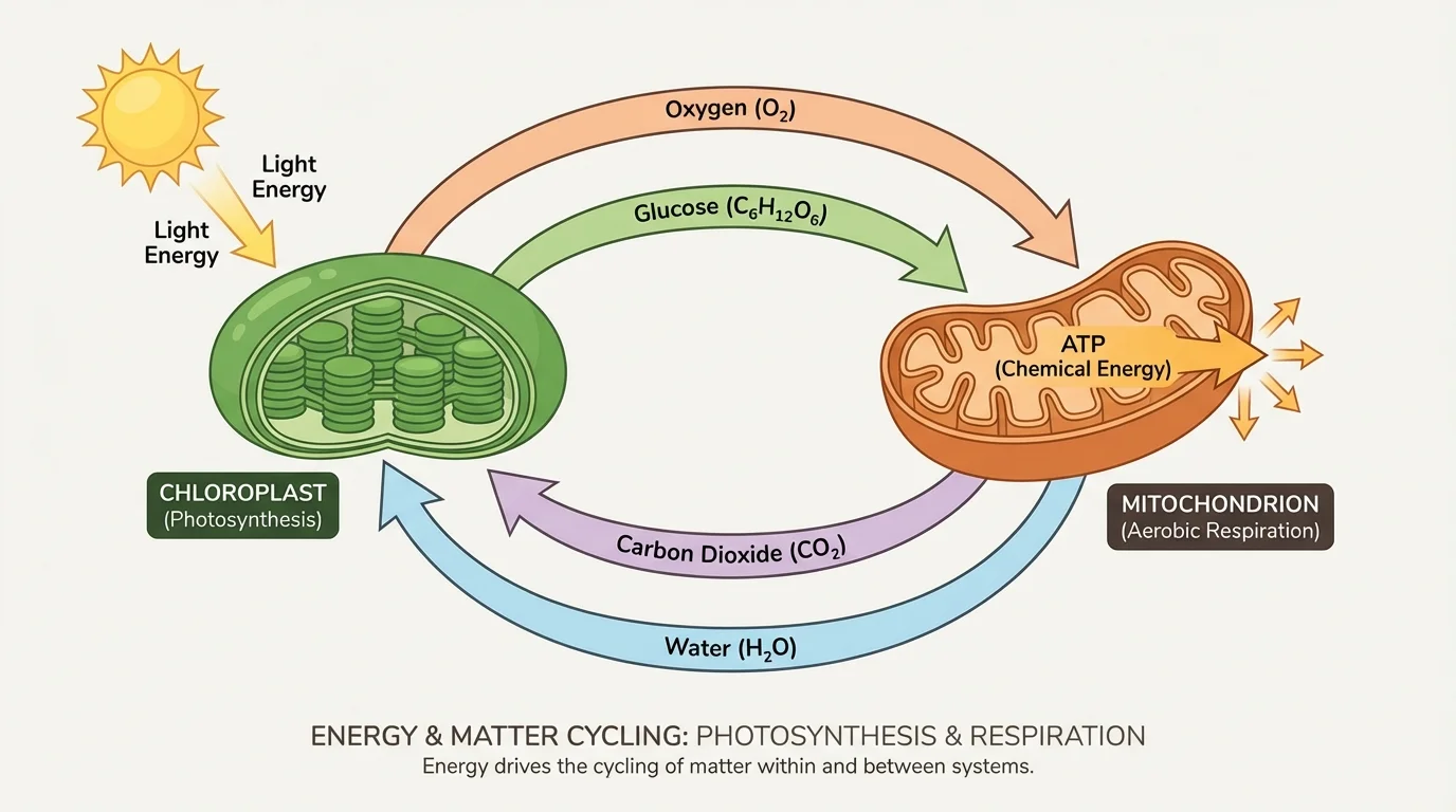 Diagram comparing chloroplast photosynthesis and mitochondrial aerobic respiration with arrows showing glucose, oxygen, carbon dioxide, water, and ATP