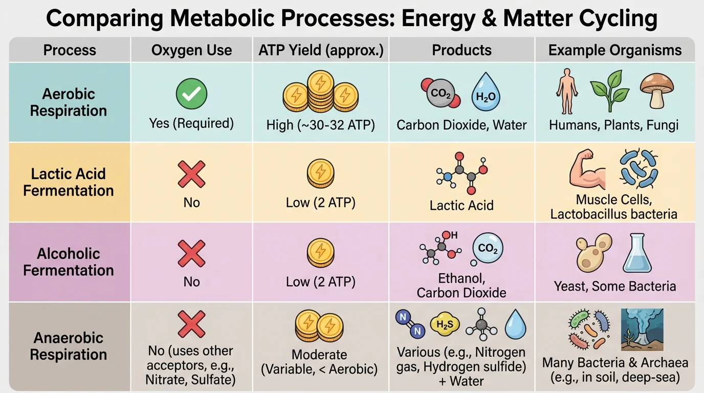 Chart comparing aerobic respiration, lactic acid fermentation, alcoholic fermentation, and anaerobic respiration by oxygen use, ATP yield, products, and example organisms
