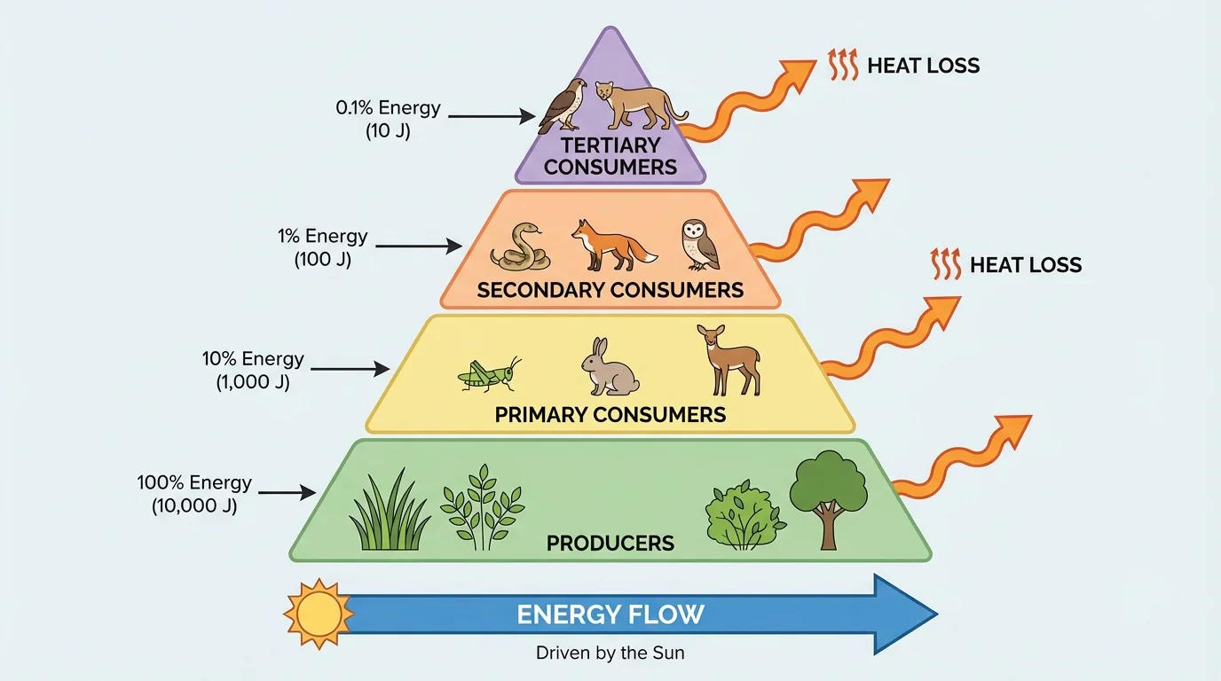 Diagram of an energy pyramid with producers, primary consumers, secondary consumers, and tertiary consumers, with decreasing energy values and heat loss arrows