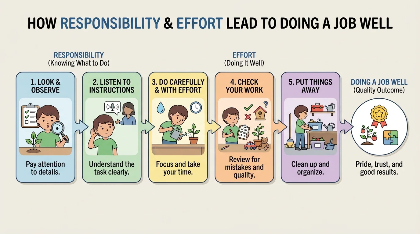 Five-step flowchart with child looking, listening, doing carefully, checking work, and putting things away