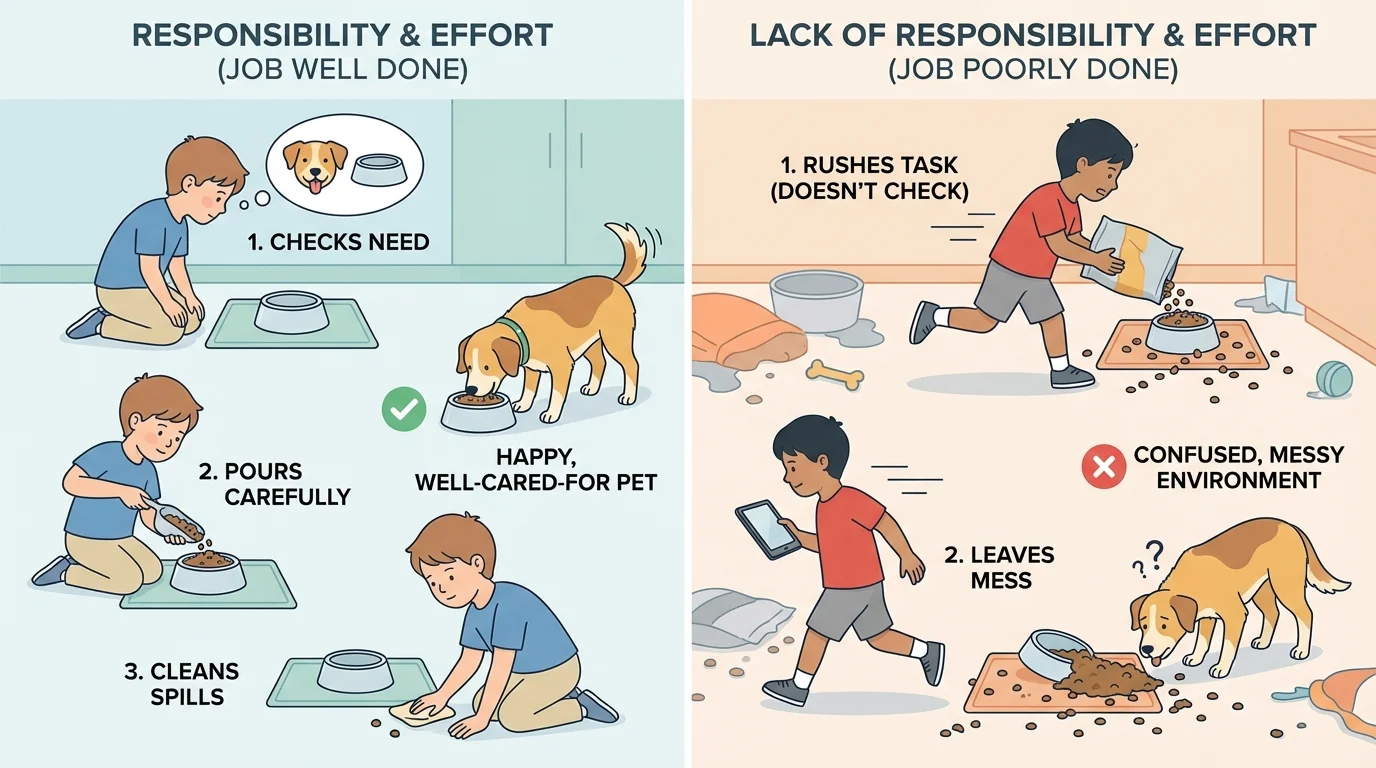 Child feeding a pet by checking the bowl, pouring food carefully, and cleaning spills, beside a child rushing and leaving a mess