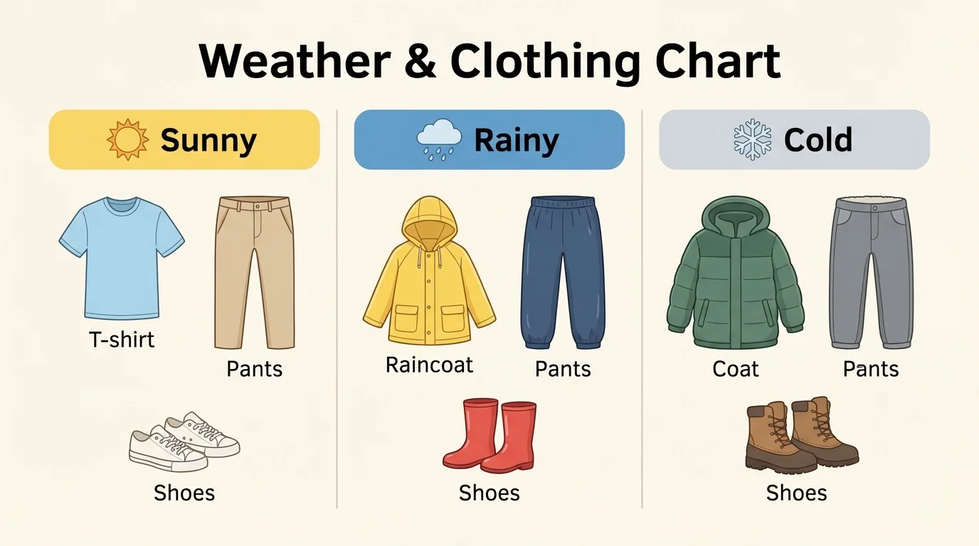 simple weather clothing chart with sunny, rainy, and cold columns showing matching clothes like T-shirt, raincoat, coat, pants, and shoes