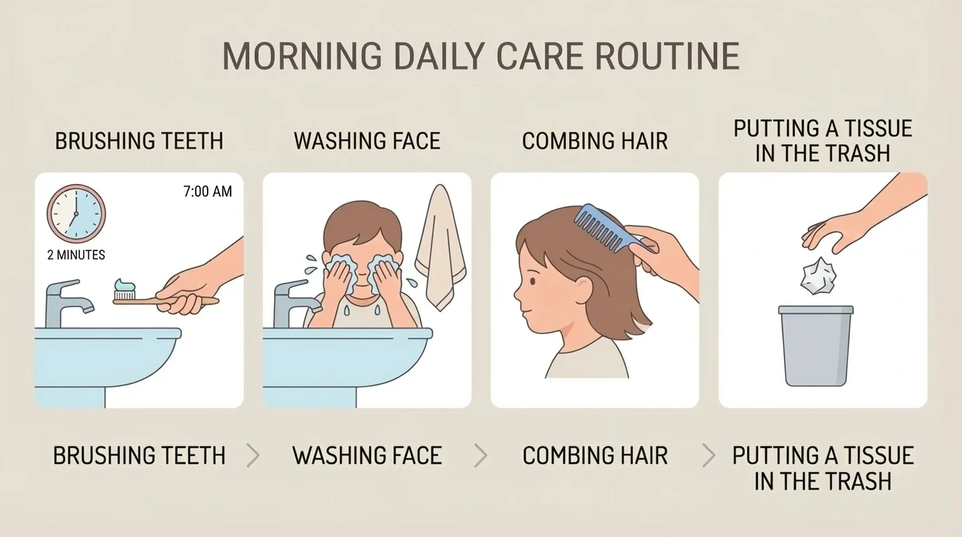 morning daily care routine showing child brushing teeth, washing face, combing hair, and putting a tissue in the trash