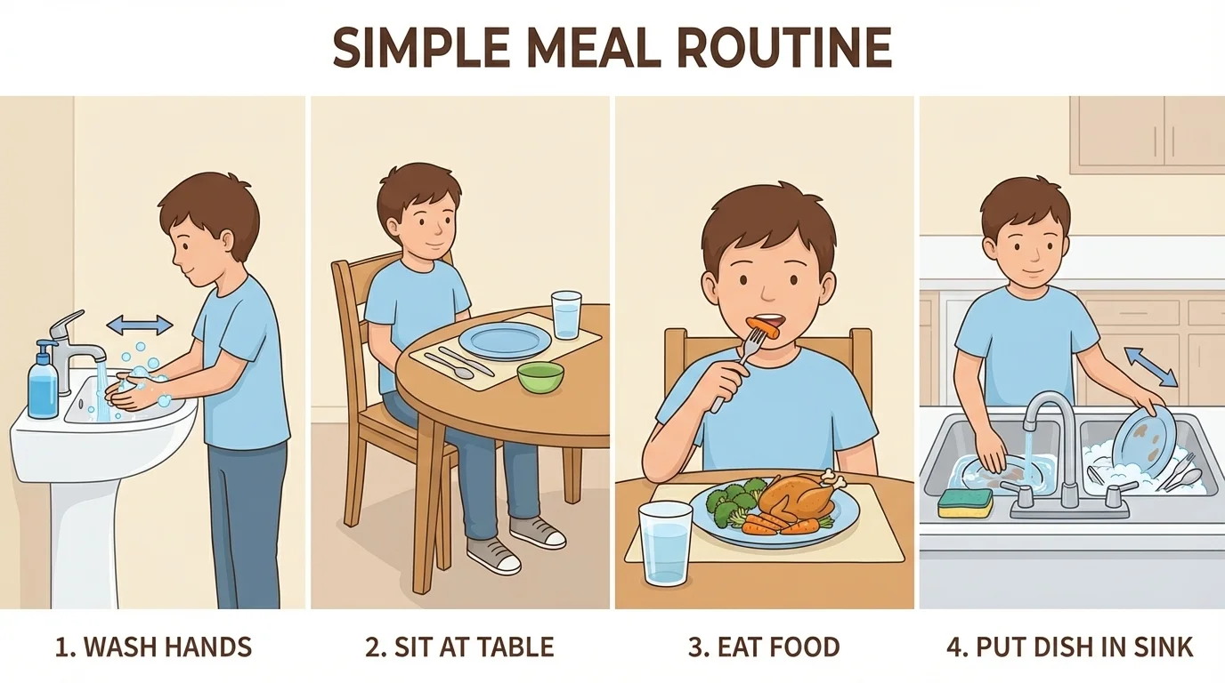 four-step meal routine with a child washing hands, sitting at a table, eating food, and putting dish in the sink