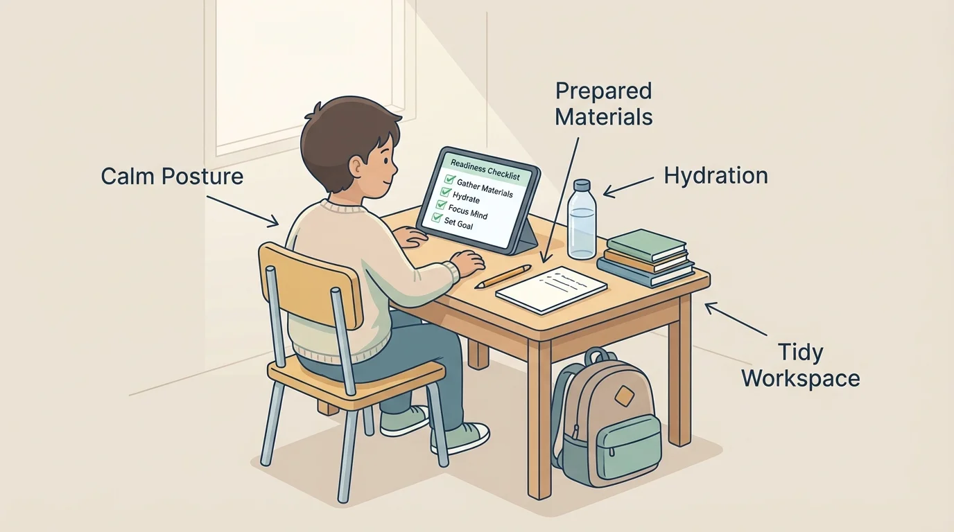 Child at home at a small desk checking a simple readiness routine with device, pencil, paper, water bottle, tidy workspace, and calm sitting posture
