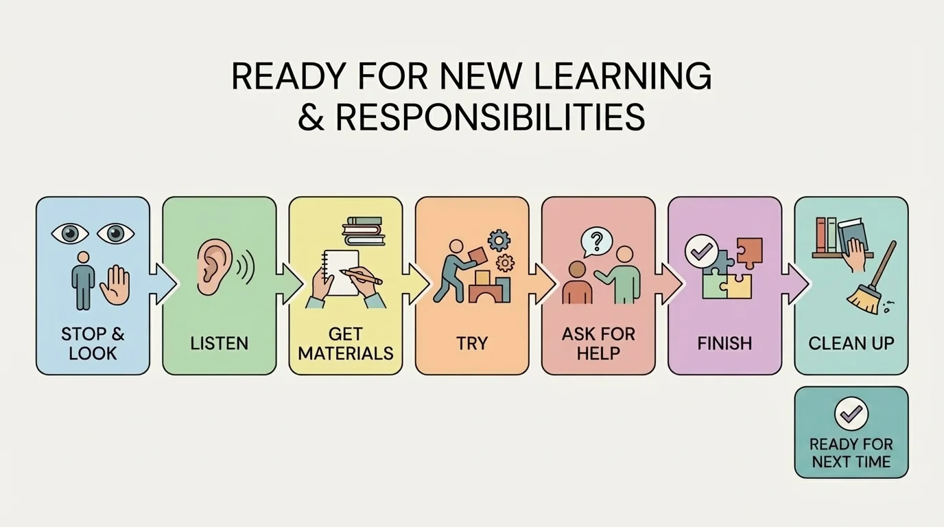 Simple child-friendly readiness flowchart with boxes and arrows for stop and look, listen, get materials, try, ask for help, finish, clean up