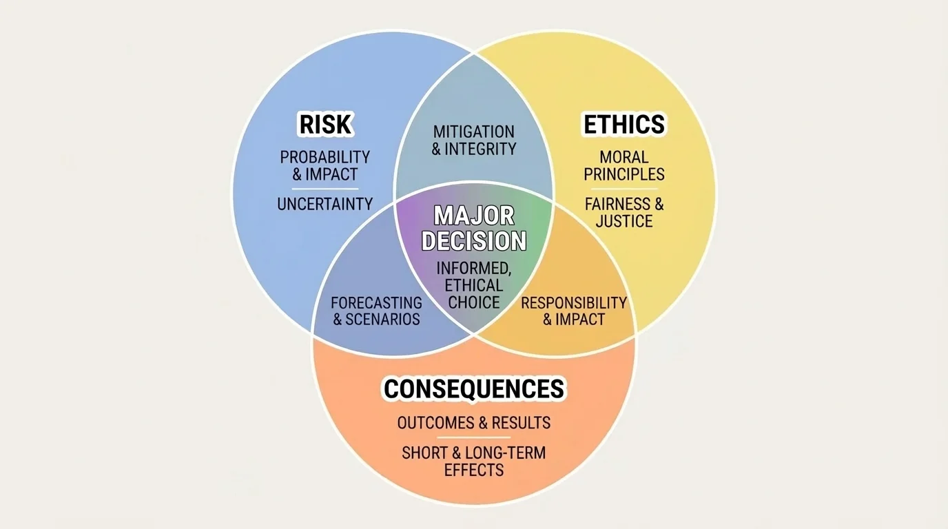 Venn-style diagram labeled risk, ethics, and consequences overlapping around a central label major decision