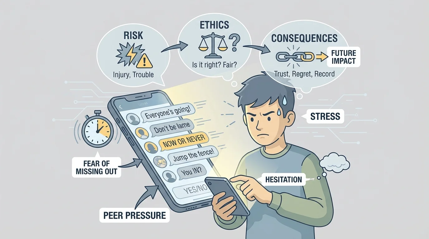 Teen looking at a phone with a fast-moving group chat pressuring a risky choice, with visual cues for stress, fear of missing out, and hesitation
