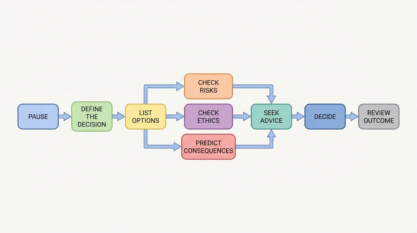 Decision-making flowchart with boxes labeled pause, define the decision, list options, check risks, check ethics, predict consequences, seek advice, decide, review outcome