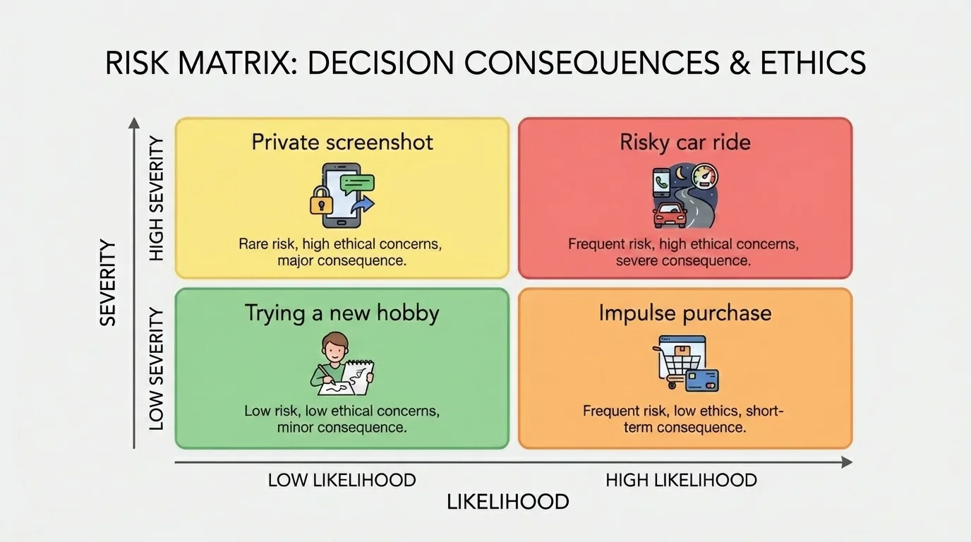Four-quadrant risk matrix with low and high likelihood on one axis and low and high severity on the other, with examples like risky car ride, impulse purchase, private screenshot, and trying a new hobby placed in quadrants