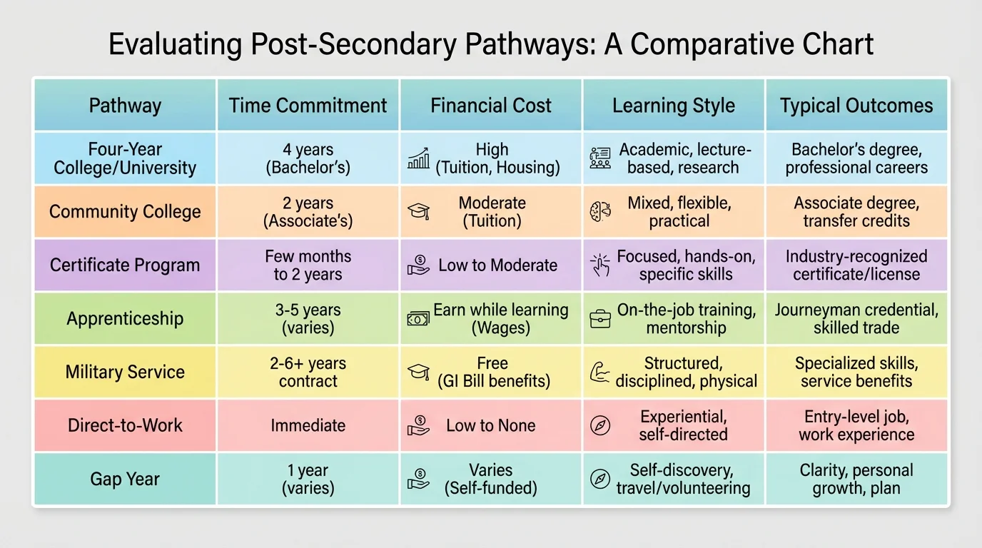 chart comparing four-year college, community college, certificate program, apprenticeship, military, direct-to-work, and gap year with columns for time, cost, learning style, and typical outcomes
