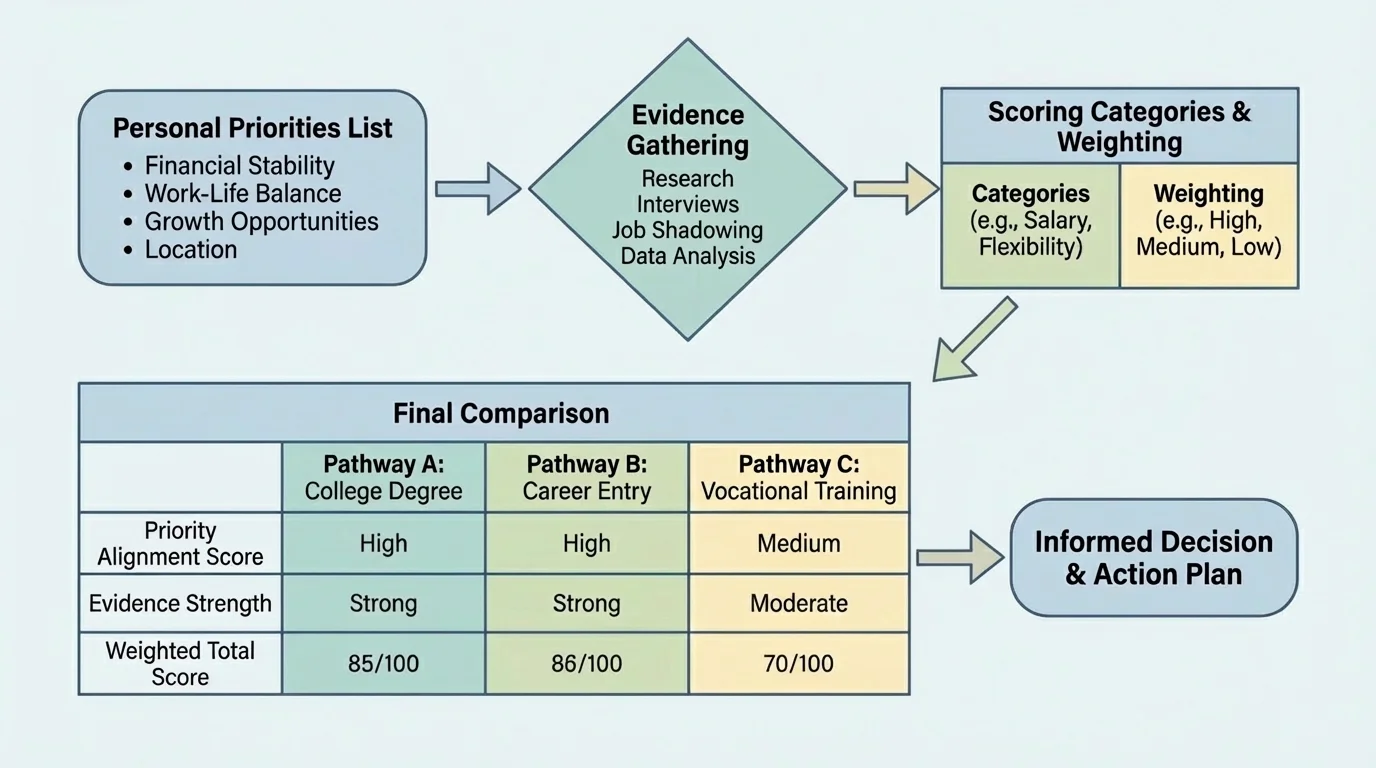 flowchart of a decision process showing priorities list, evidence gathering, scoring categories, weighting, and final comparison between three pathways