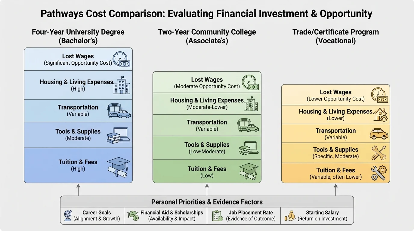 chart showing tuition, fees, tools, transportation, housing, and lost wages for three sample pathways