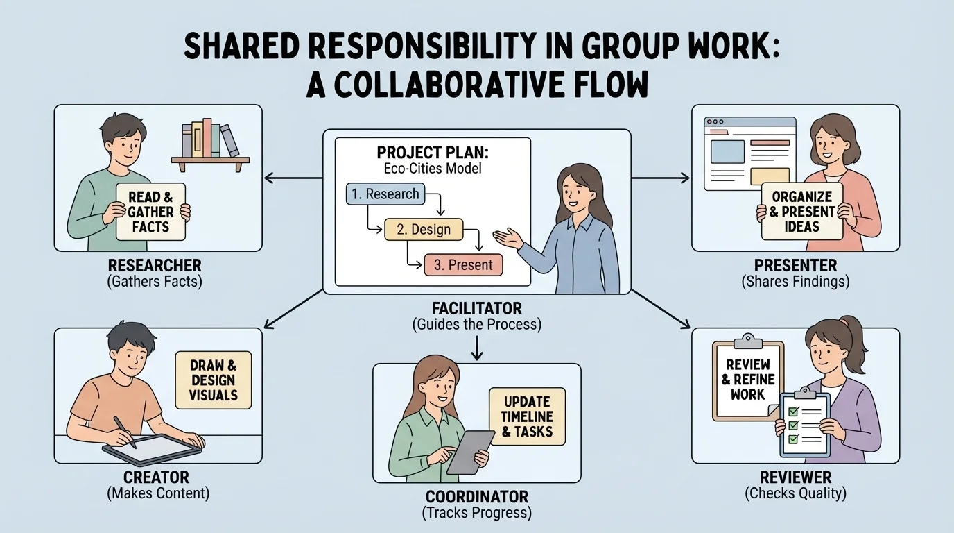 children on a video call planning a group project, one student leading discussion while others hold different task cards like draw, read, present