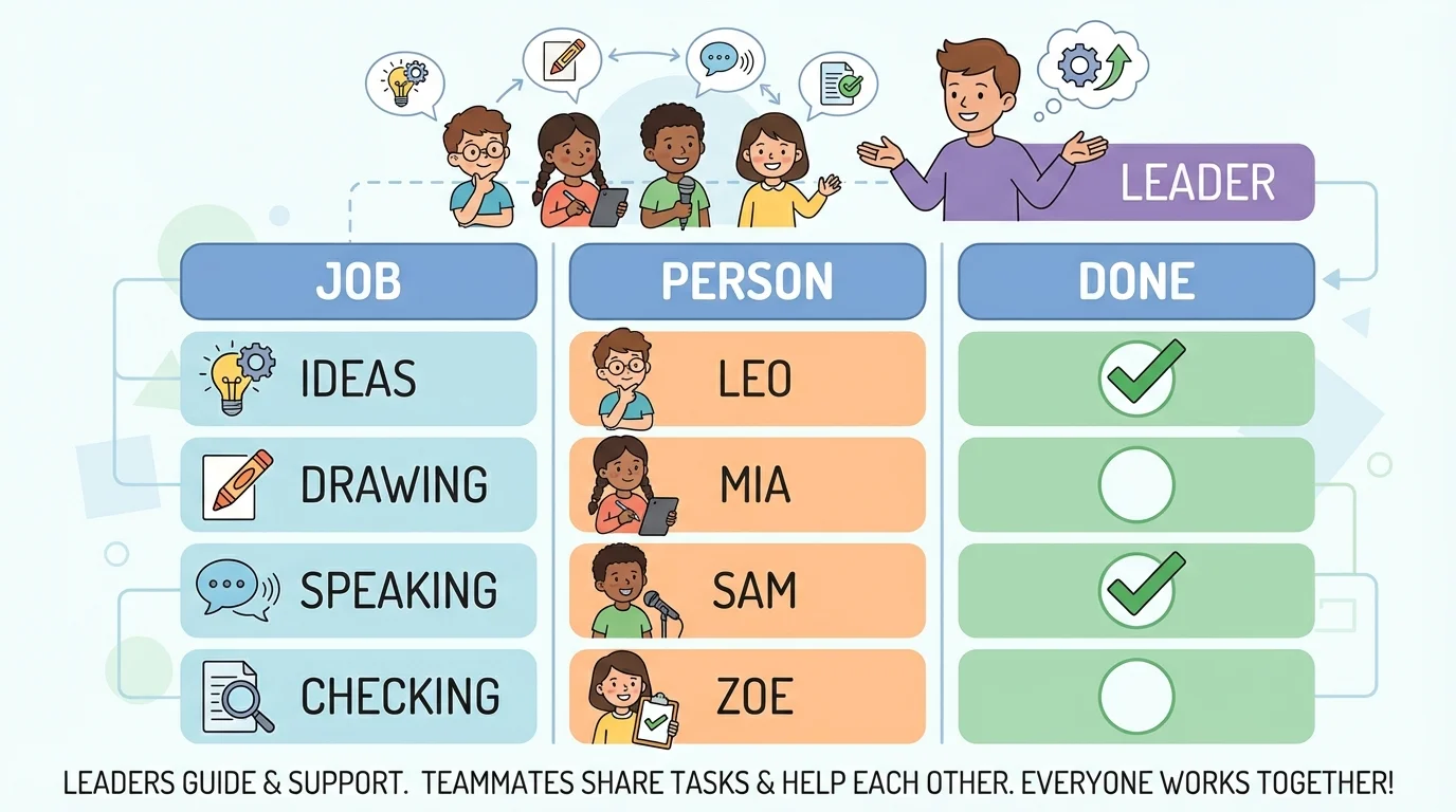 simple teamwork chart with columns for job, person, and done, using child-friendly tasks like ideas, drawing, speaking, checking