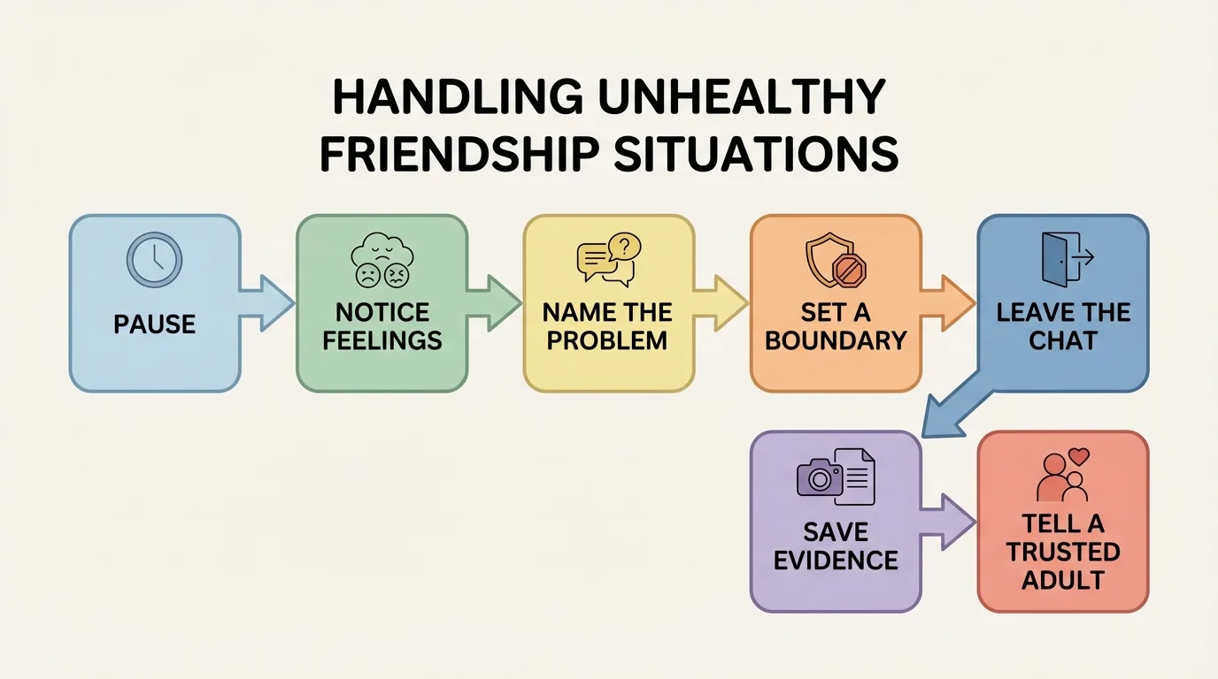 flowchart for handling unhealthy friendship situations with steps pause, notice feelings, name the problem, set a boundary, leave the chat, save evidence, tell a trusted adult