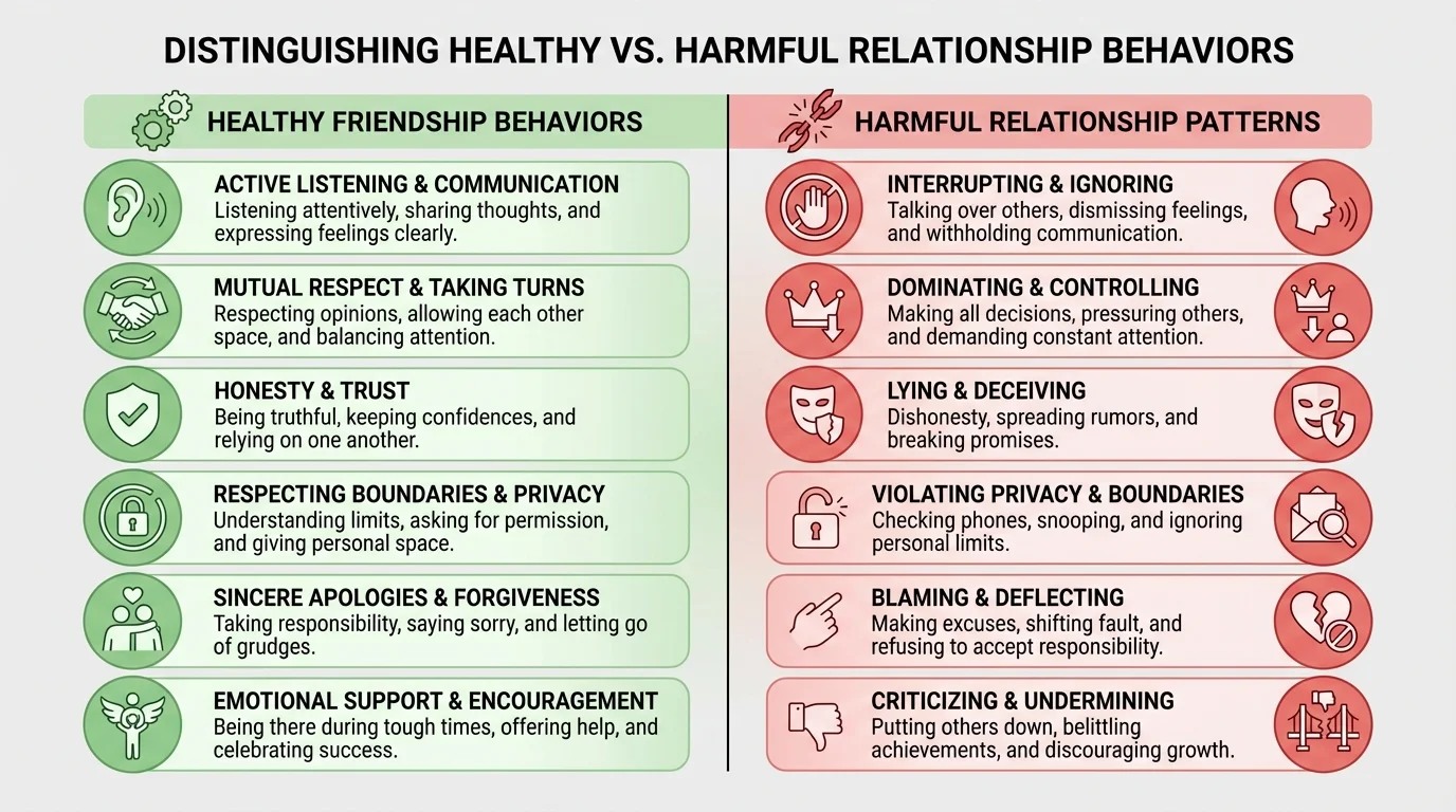 chart comparing healthy friendship behaviors such as listening, taking turns, telling the truth, respecting privacy, apologizing, and supporting each other