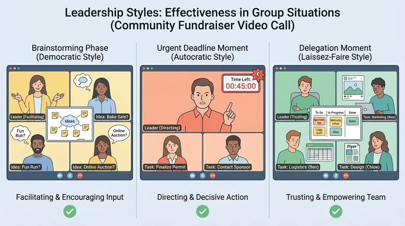 video-call group planning a community fundraiser, showing a brainstorming phase, an urgent deadline moment, and a delegation moment