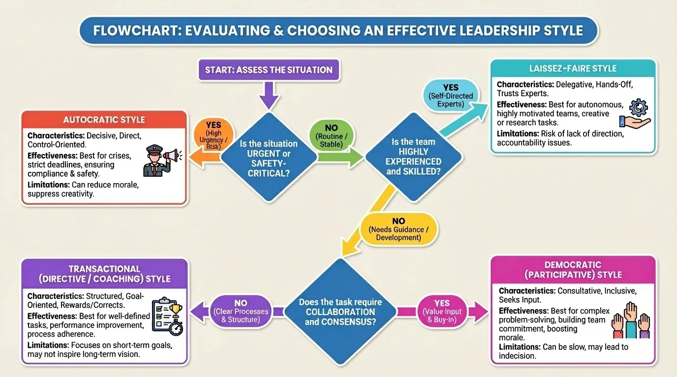 flowchart for choosing a leadership style using questions about urgency, safety, team experience, and need for collaboration