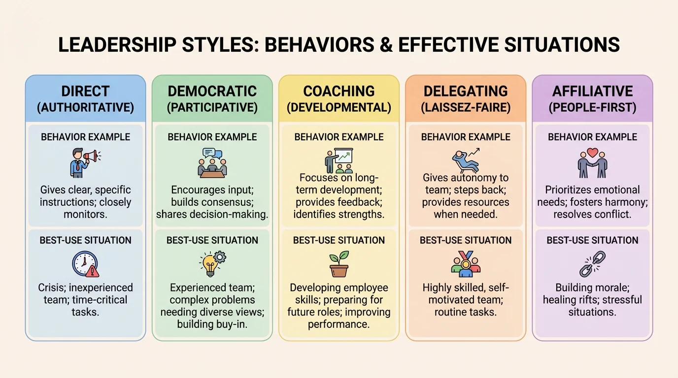 chart comparing direct, democratic, coaching, delegating, and affiliative leadership with brief behavior examples and best-use situations