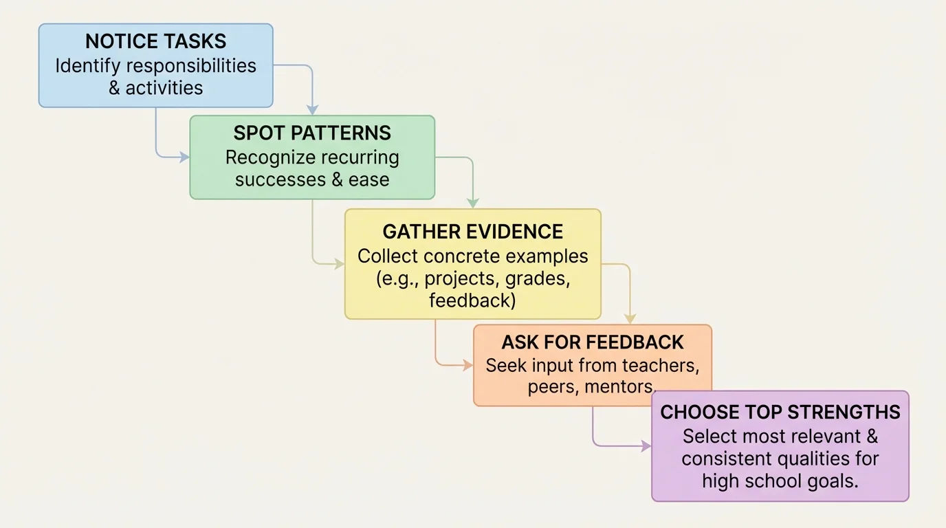 flowchart of self-assessment steps: notice tasks, spot patterns, gather evidence, ask for feedback, choose top strengths