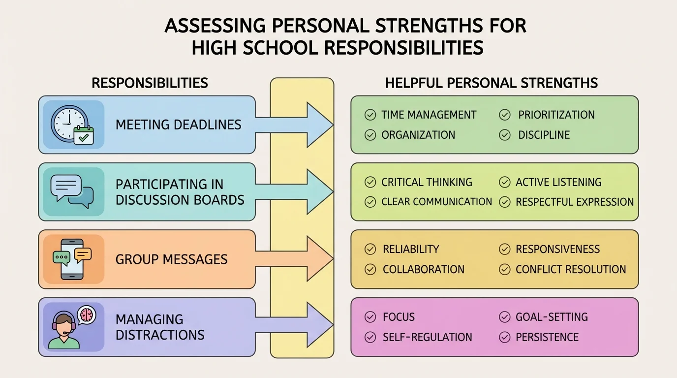 chart pairing responsibilities like meeting deadlines, participating in discussion boards, group messages, and managing distractions with helpful strengths