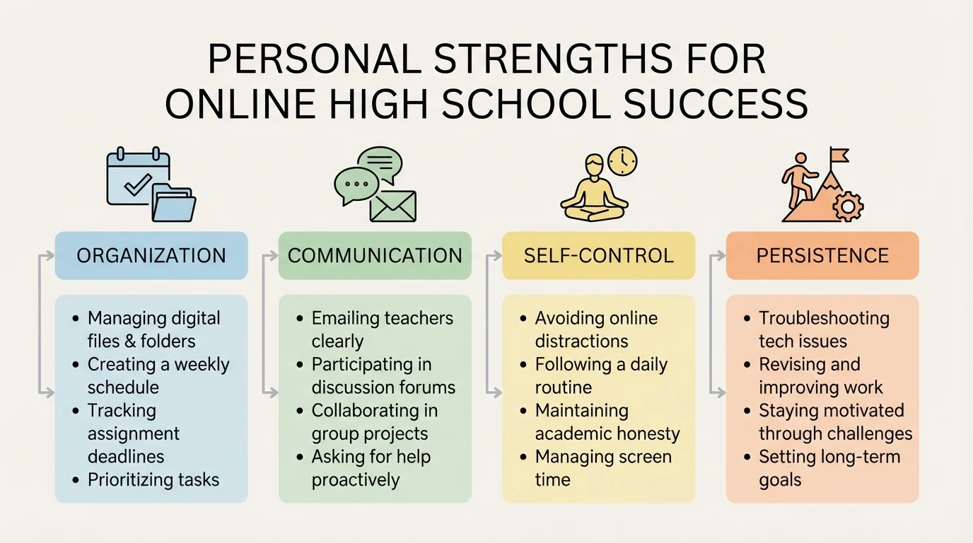 chart showing four strength areas—organization, communication, self-control, and persistence—with example online high school responsibilities under each