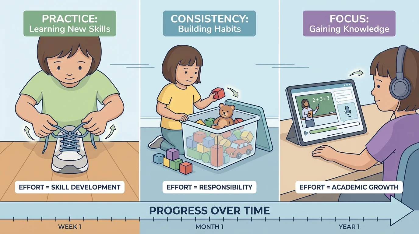 child tying shoes, putting toys in a bin, and paying attention during online learning on a tablet in separate panels