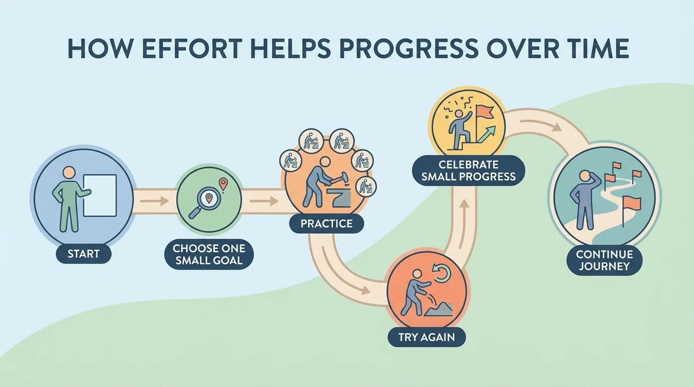 start, choose one small goal, practice, try again, celebrate small progress