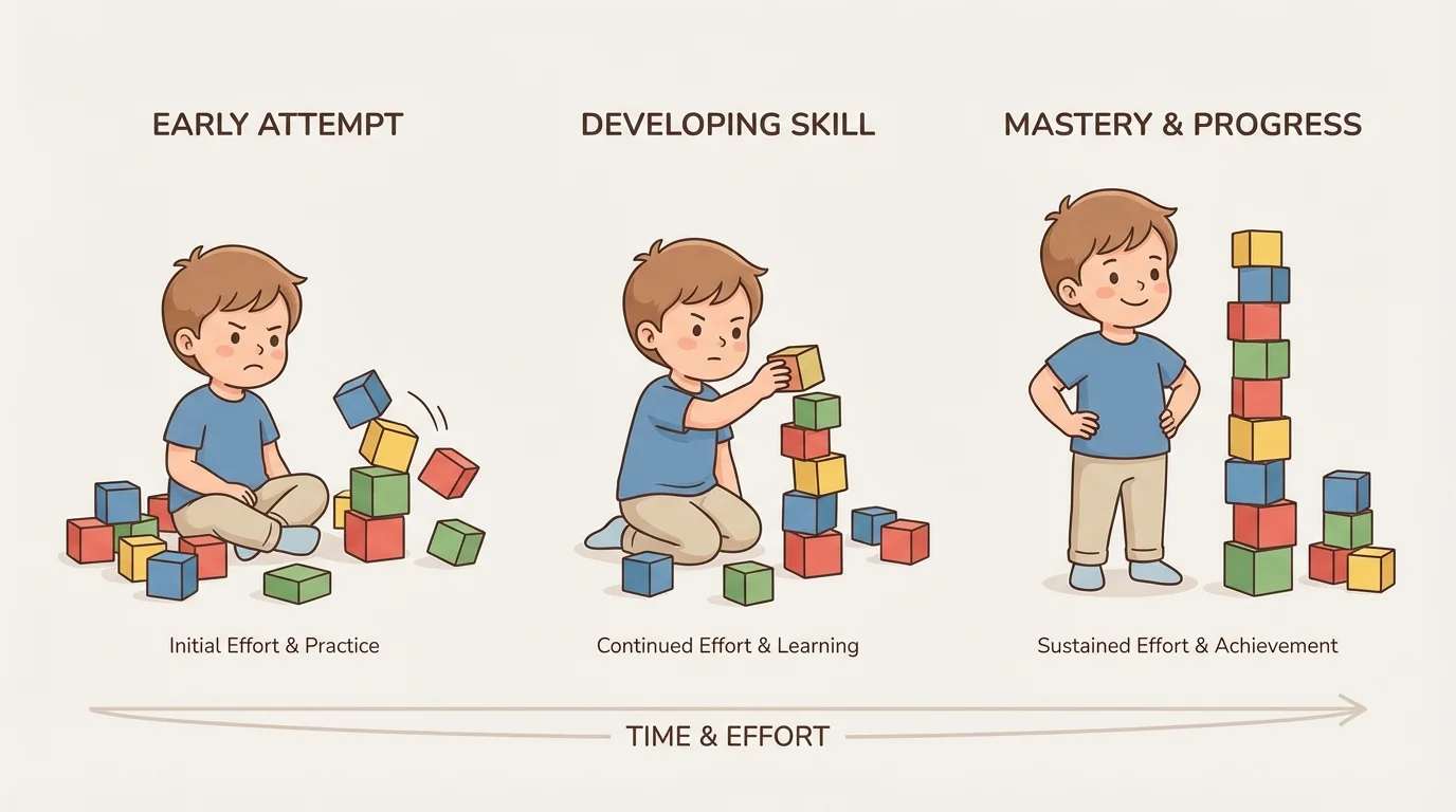 child practicing stacking blocks across three moments, first a fallen tower, then a medium tower, then a tall steady tower