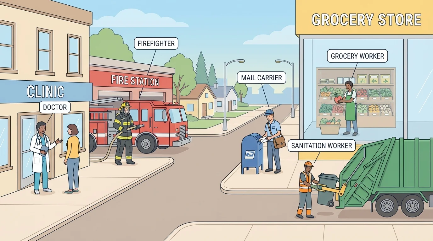 community street with doctor at clinic, firefighter near fire truck, mail carrier delivering letters, grocery worker stocking food, and sanitation worker collecting trash