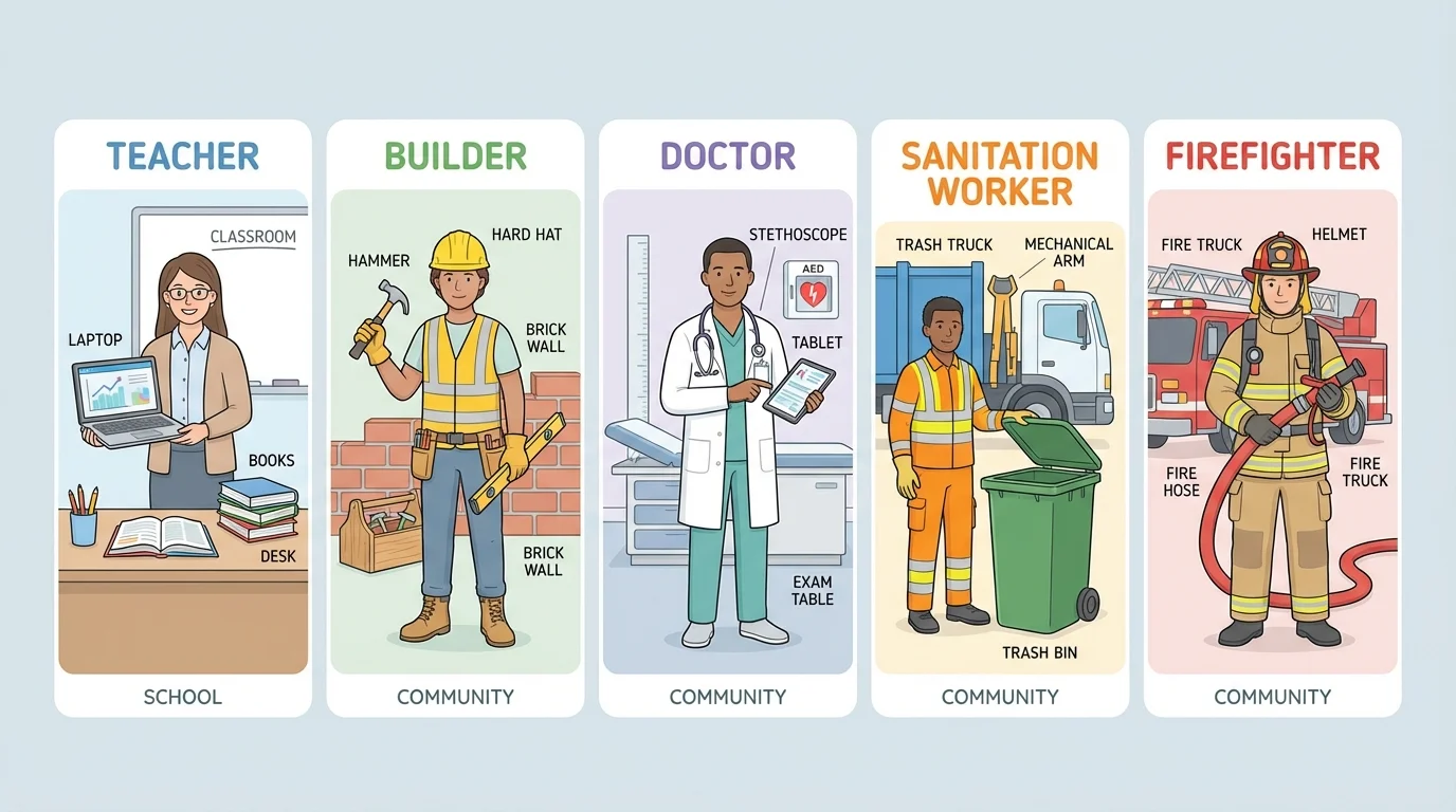 chart showing teacher with laptop and books, builder with hammer and helmet, doctor with stethoscope, sanitation worker with trash truck, firefighter with hose