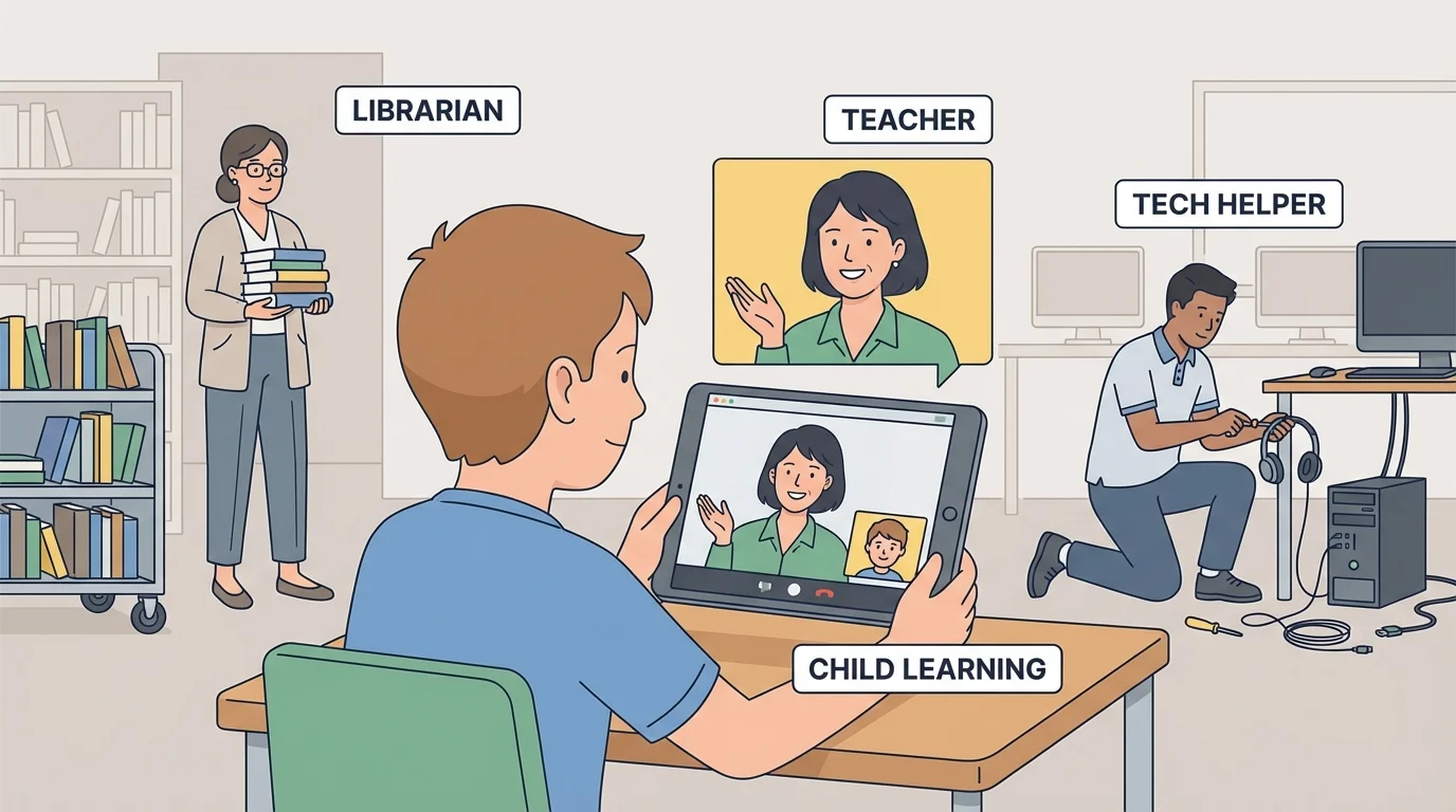 child learning on a tablet during a video call with a teacher, with a librarian sharing books and a tech helper fixing headphones