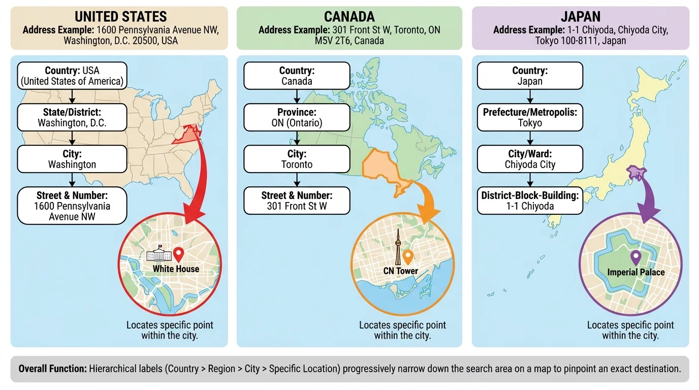 three simple address examples from the United States, Canada, and Japan beside small map highlights
