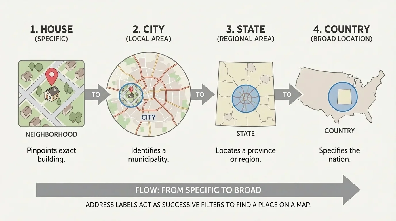 simple map sequence showing a house in a neighborhood, then city, then state, then country outline