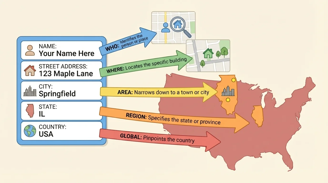 child-friendly address card showing name line, street line, city, state, and country with arrows labeling each part