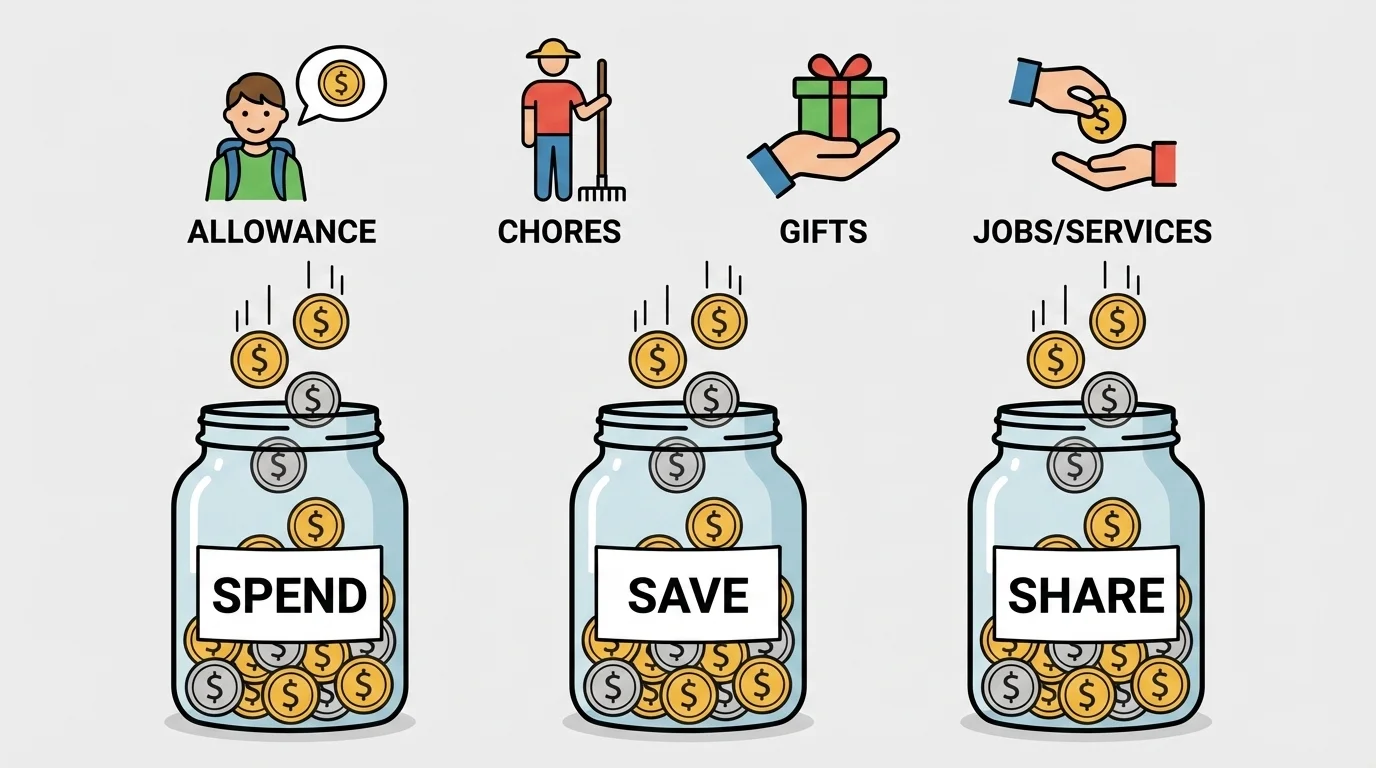Three jars labeled spend, save, and share with coins going into each jar