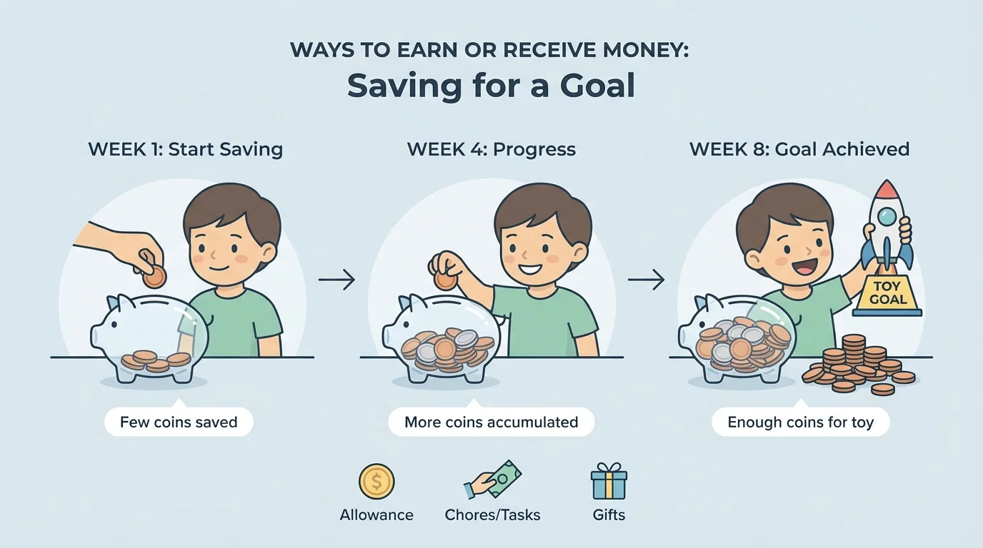 Child saving coins each week toward a toy, with a simple progress sequence from few coins to enough coins