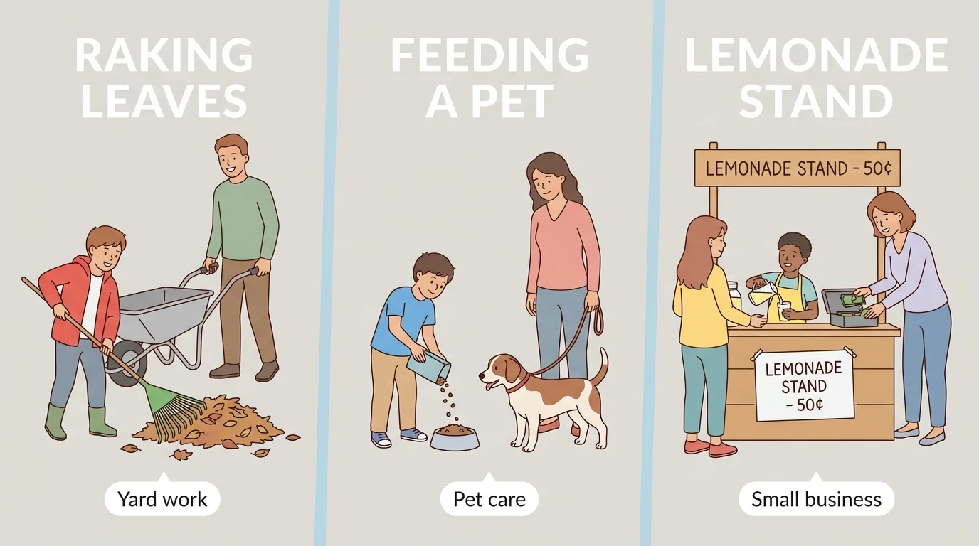 Child helping rake leaves, feed a pet, and run a lemonade stand with adult help, showing different earning situations