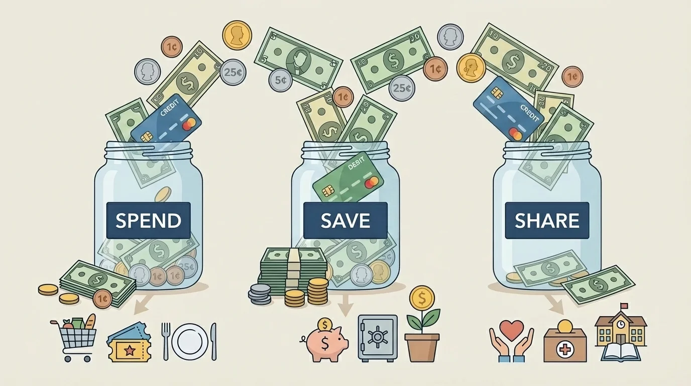 Three jars labeled spend, save, and share with coins and bills going into each jar