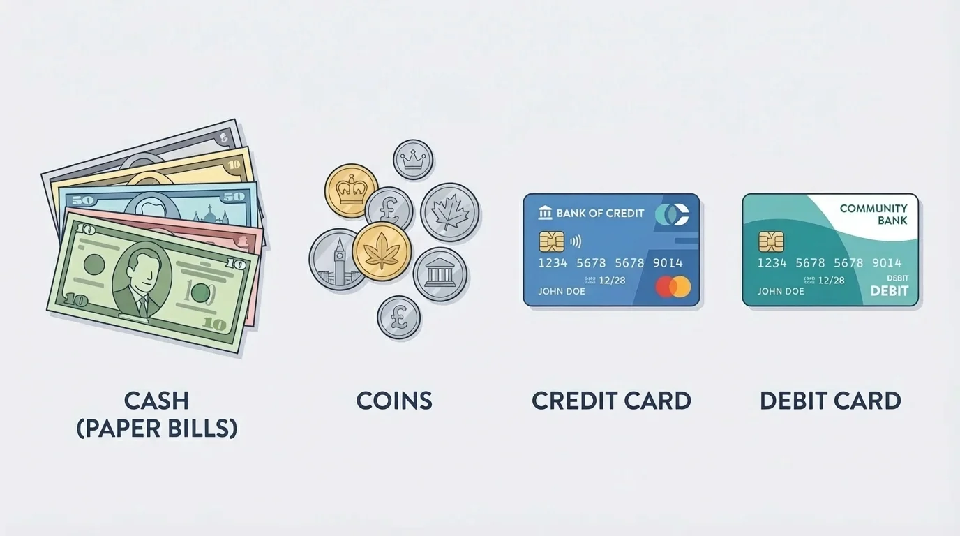 Child-friendly display of coins, paper bills, a credit card, and a debit card labeled by type