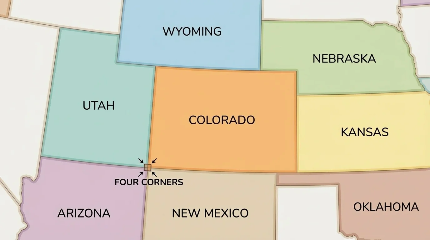 close-up map of Colorado labeled with Wyoming, Nebraska, Kansas, Oklahoma, New Mexico, Arizona, and Utah, plus Four Corners