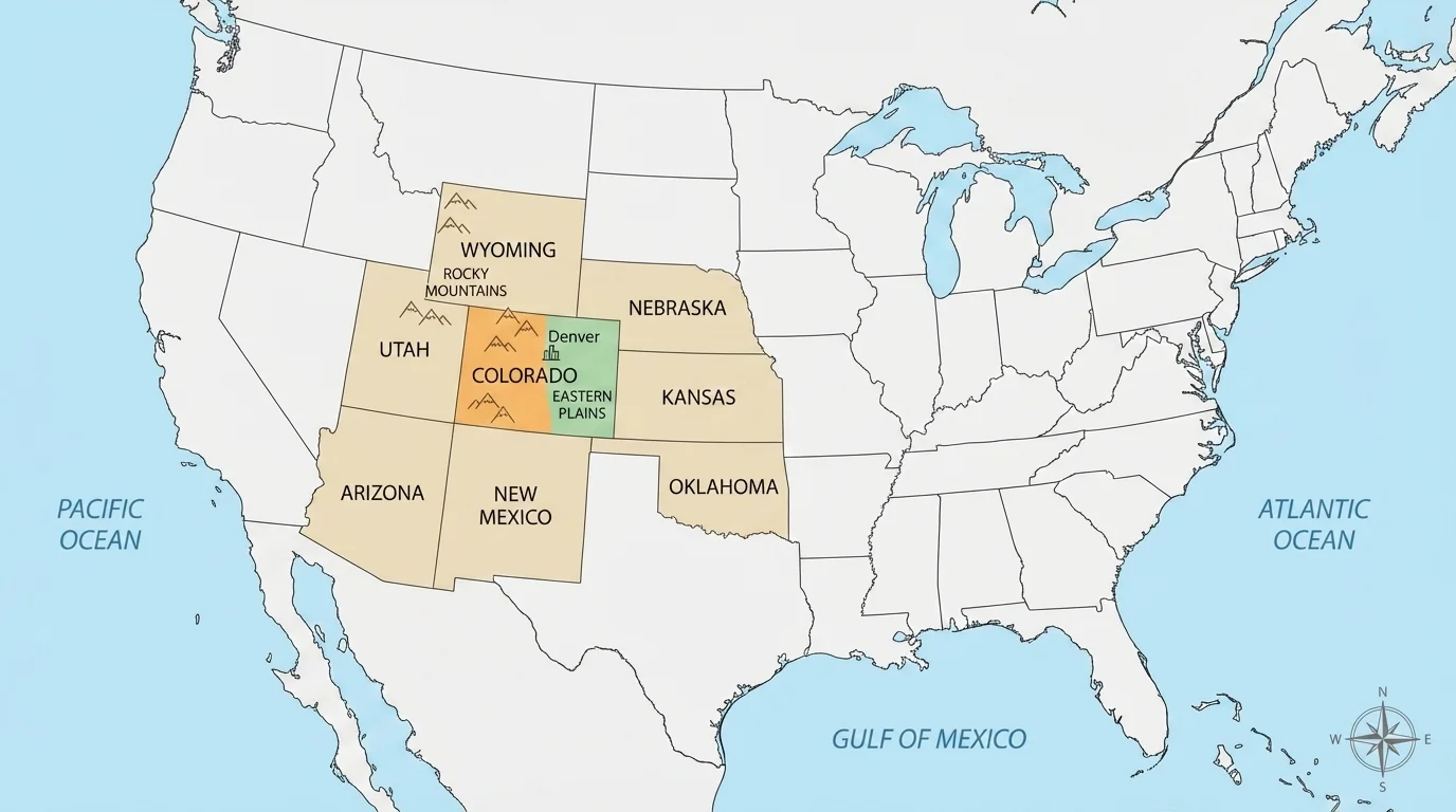 map of the United States with Colorado highlighted and labels for Denver, Rocky Mountains, and eastern plains