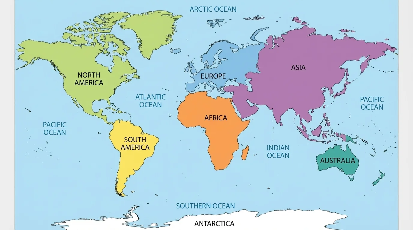 simple world map labeled with the 7 continents and 5 oceans in different colors