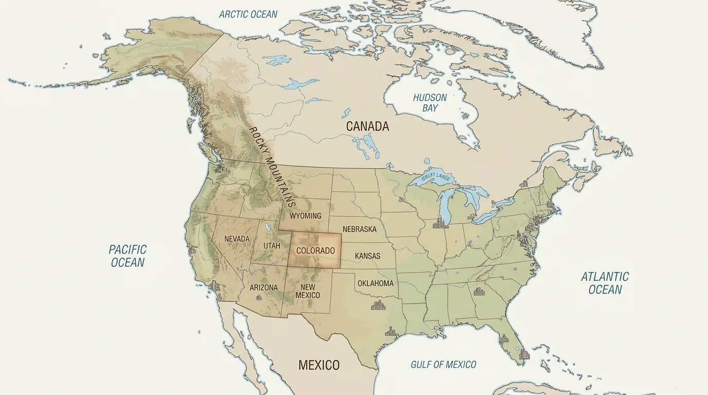 physical map of North America highlighting the Rocky Mountains and Colorado