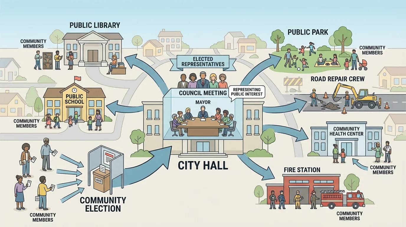 Town scene with labeled local government services including mayor at city hall, council meeting, school, library, park, road repair crew, and community members using services