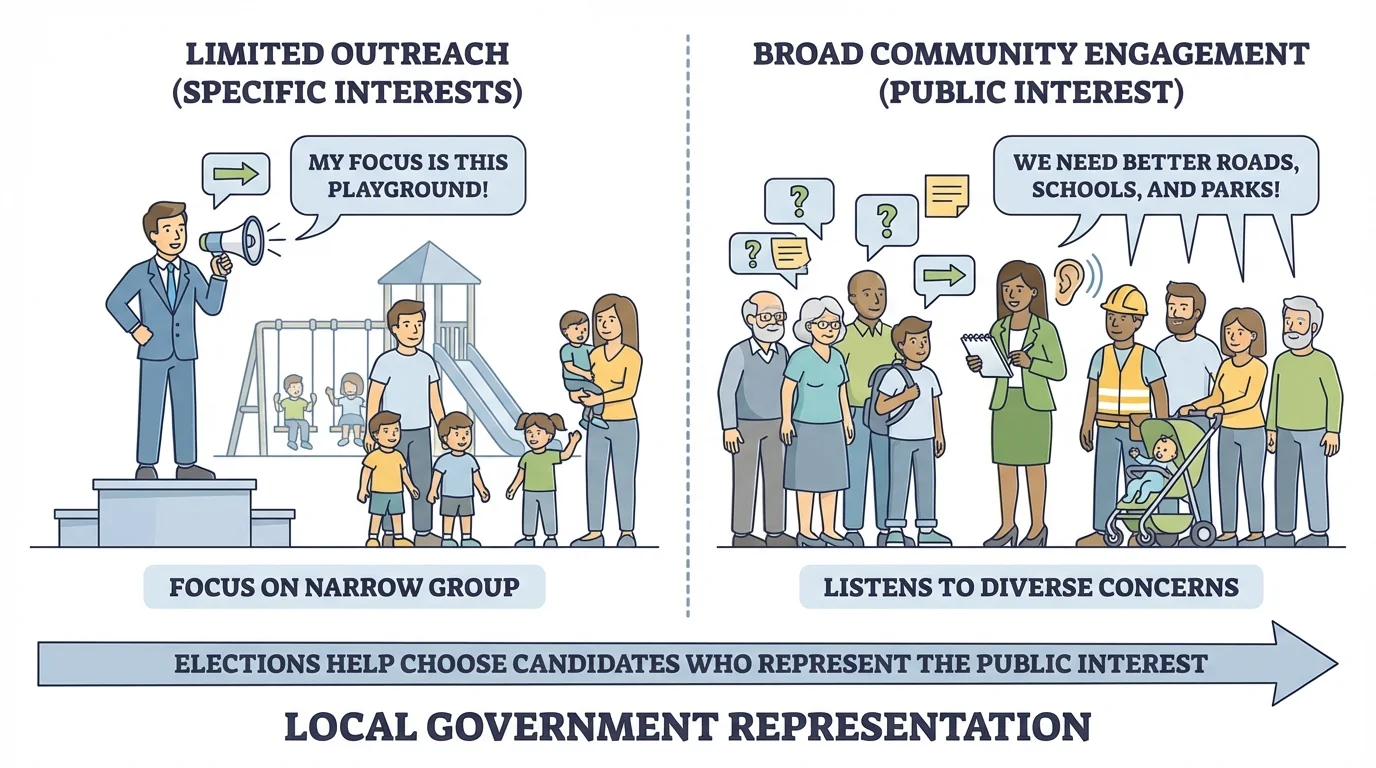 Two local election candidates, one speaking only to one small playground group, the other listening to a diverse group of families, students, workers, and older adults from across the community