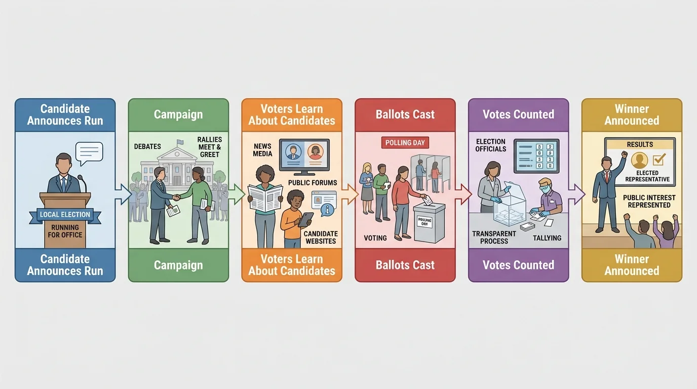 Election process with boxes and arrows showing candidate announces run, campaign, voters learn about candidates, ballots cast, votes counted, winner announced