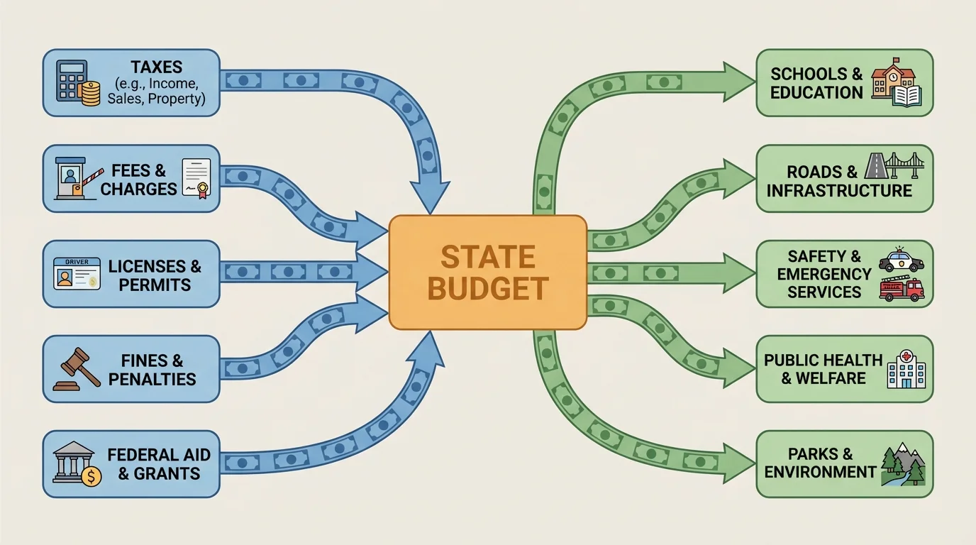 Money arrows from taxes, fees, licenses, fines, and federal aid into a box labeled State Budget, with arrows out to schools, roads, safety, health, and parks